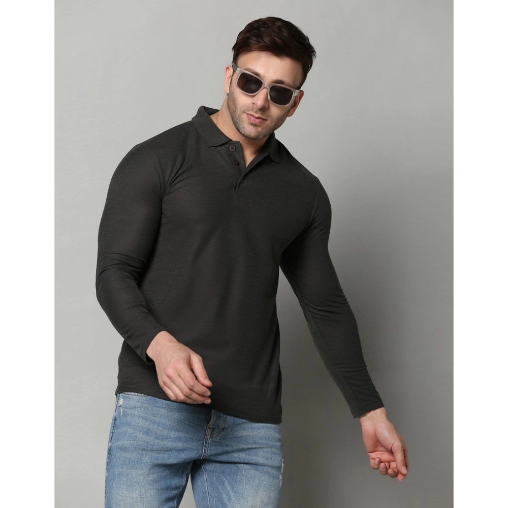 Men's Casual Full Sleeve Solid Cotton Blended Polo Neck T-shirt (D.Grey)