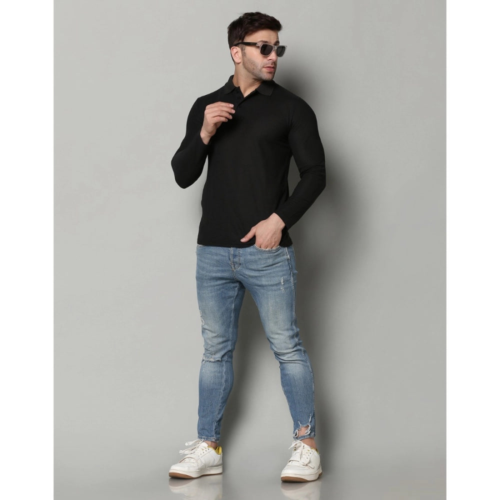 Men's Casual Full Sleeve Solid Cotton Blended Polo Neck T-shirt (Black)