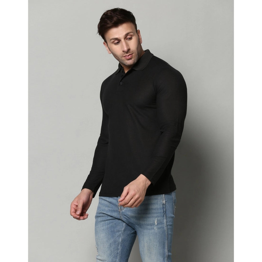 Men's Casual Full Sleeve Solid Cotton Blended Polo Neck T-shirt (Black)