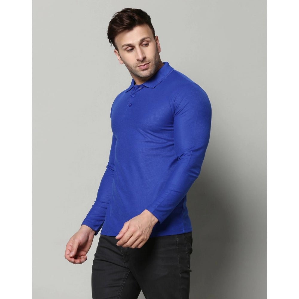 Men's Casual Full Sleeve Solid Cotton Blended Polo Neck T-shirt (Royal)