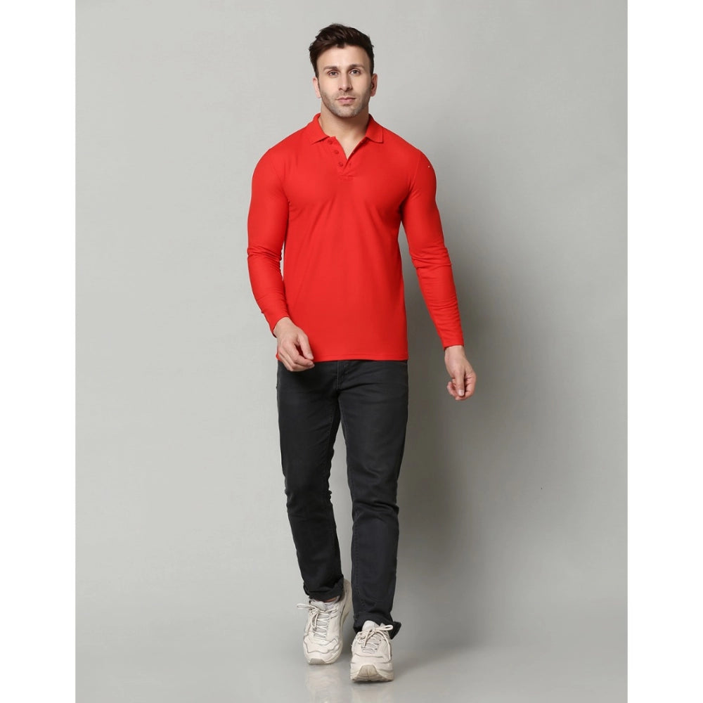 Men's Casual Full Sleeve Solid Cotton Blended Polo Neck T-shirt (Red)