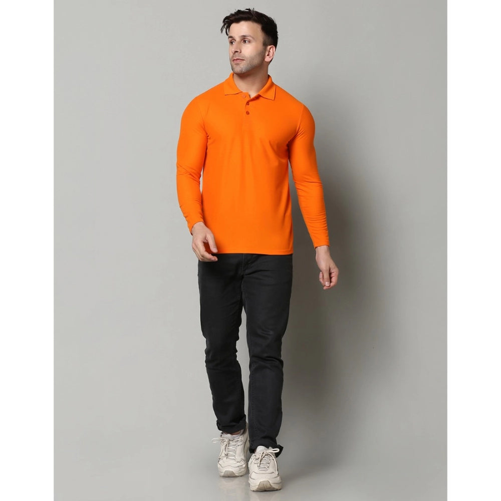 Men's Casual Full Sleeve Solid Cotton Blended Polo Neck T-shirt (Orange)