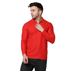 Men's Casual Full Sleeve Solid Cotton Blended Polo Neck T-shirt (Red)