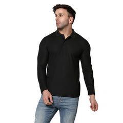 Men's Casual Full Sleeve Solid Cotton Blended Polo Neck T-shirt (Black)