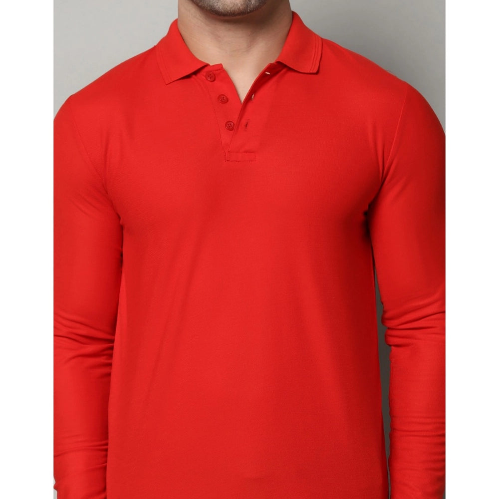 Men's Casual Full Sleeve Solid Cotton Blended Polo Neck T-shirt (Red)