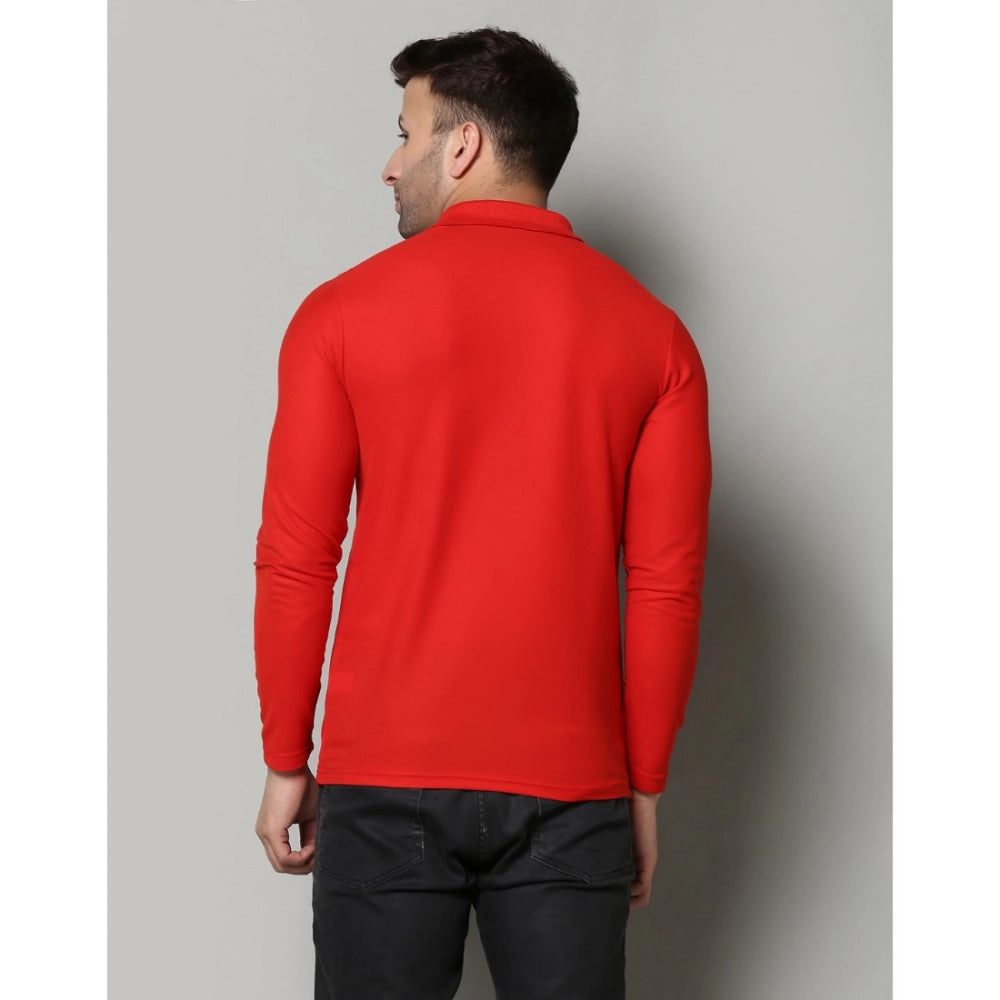 Men's Casual Full Sleeve Solid Cotton Blended Polo Neck T-shirt (Red)