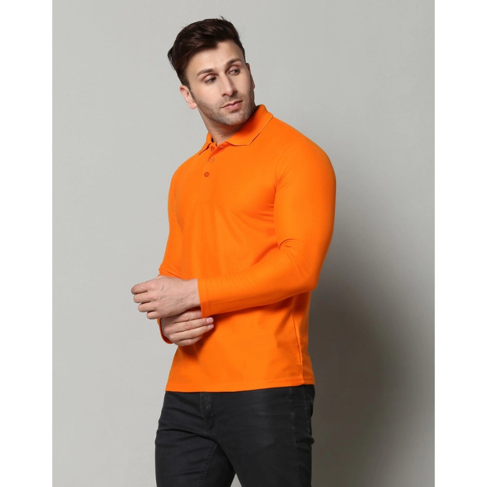 Men's Casual Full Sleeve Solid Cotton Blended Polo Neck T-shirt (Orange)