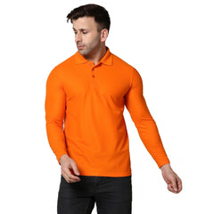 Men's Casual Full Sleeve Solid Cotton Blended Polo Neck T-shirt (Orange)