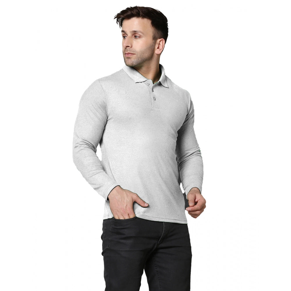 Men's Casual Full Sleeve Solid Cotton Blended Polo Neck T-shirt (L.Grey)