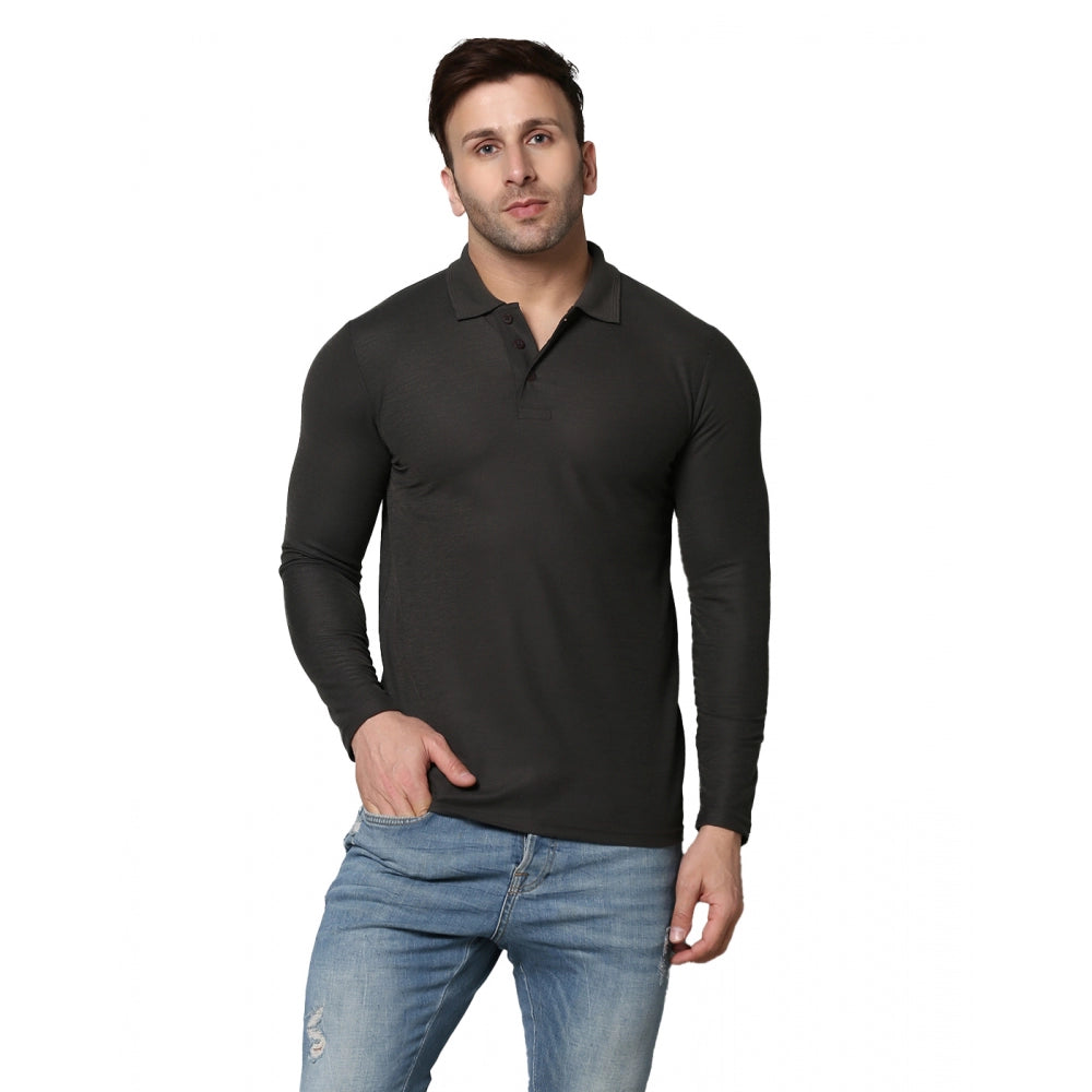 Men's Casual Full Sleeve Solid Cotton Blended Polo Neck T-shirt (D.Grey)