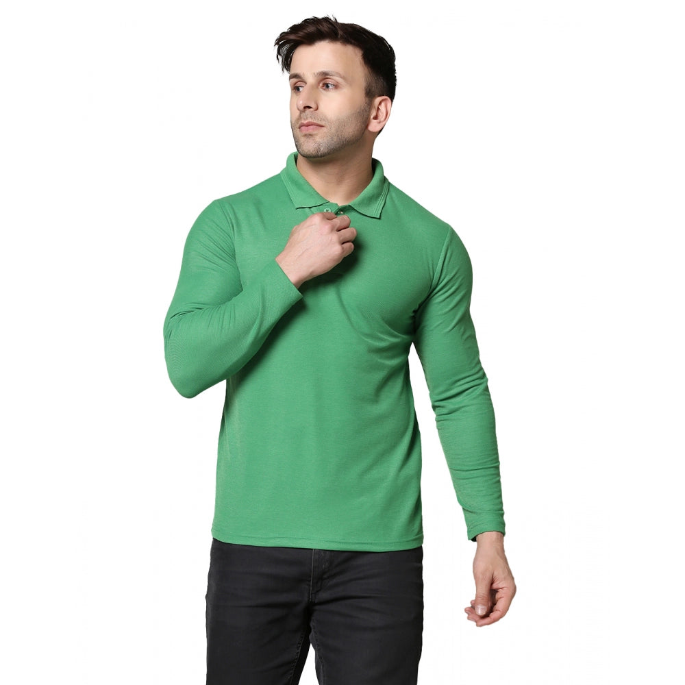 Men's Casual Full Sleeve Solid Cotton Blended Polo Neck T-shirt (P.Green)