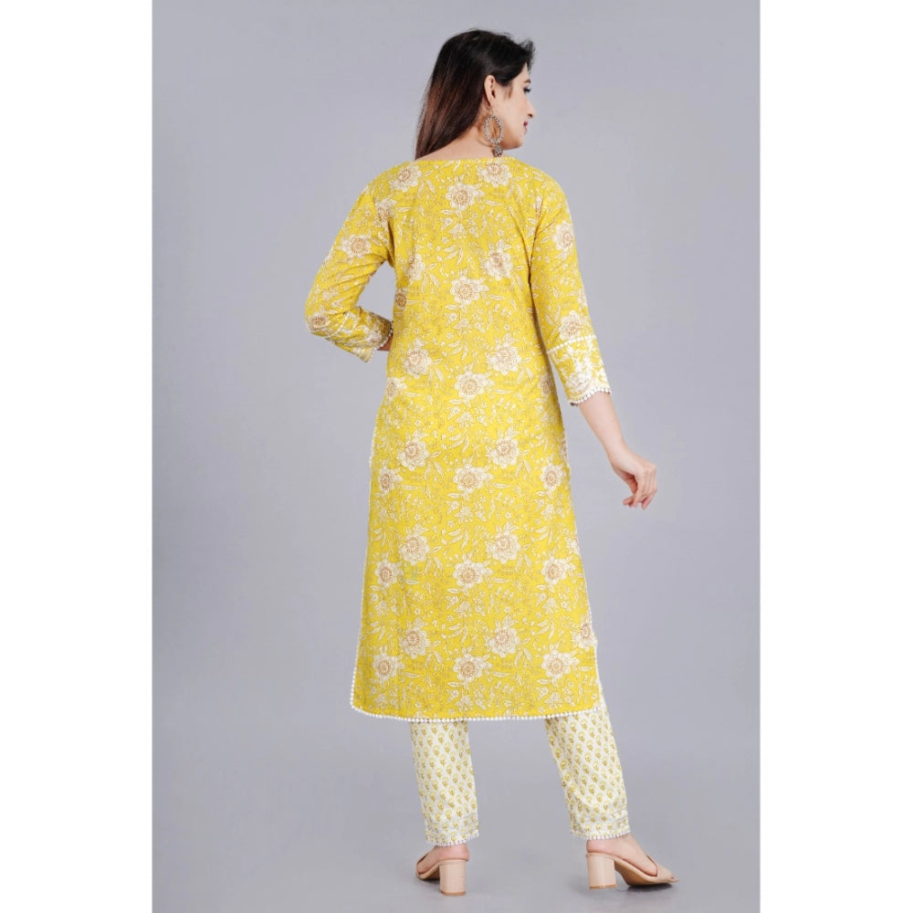 Women's Casual 3/4 Sleeve Embroidered Rayon Kurti With Pant And Dupatta Set (Yellow)