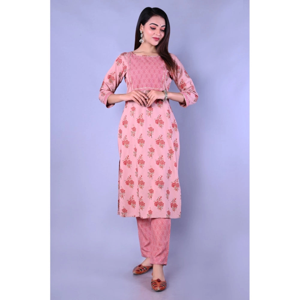 Women's Casual 3/4 Sleeve Printed Rayon Kurti With Pant Set (Pink)