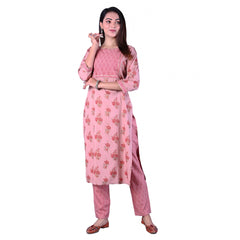 Women's Casual 3/4 Sleeve Printed Rayon Kurti With Pant Set (Pink)