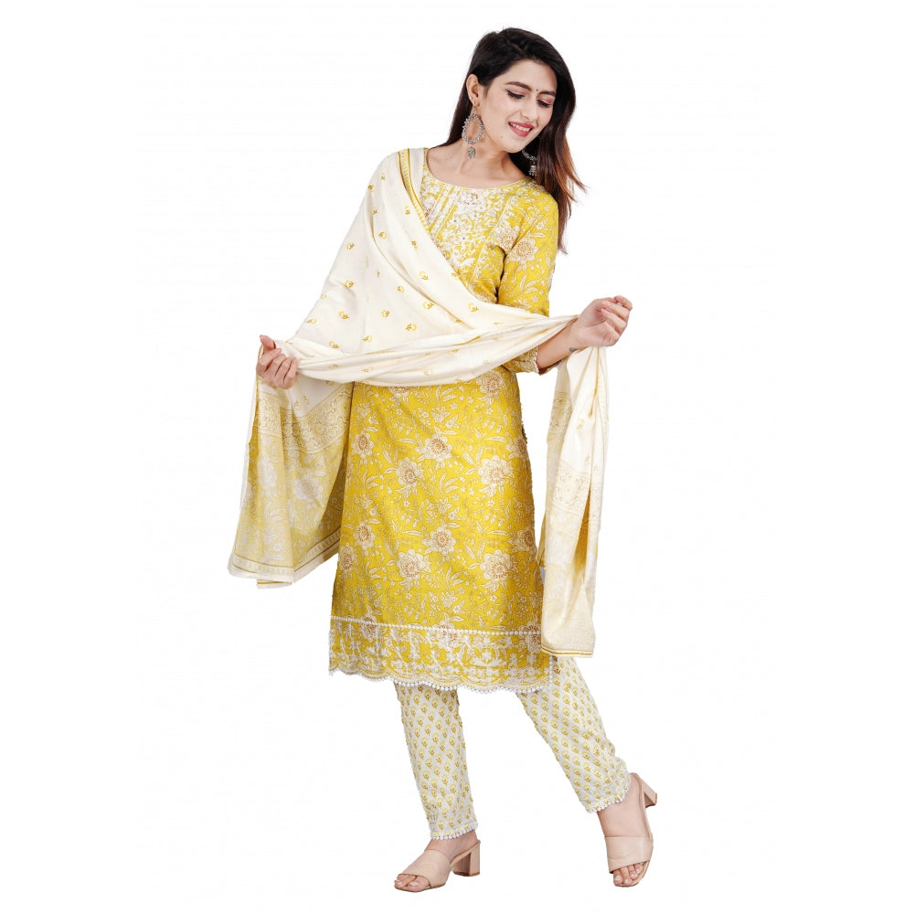 Women's Casual 3/4 Sleeve Embroidered Rayon Kurti With Pant And Dupatta Set (Yellow)