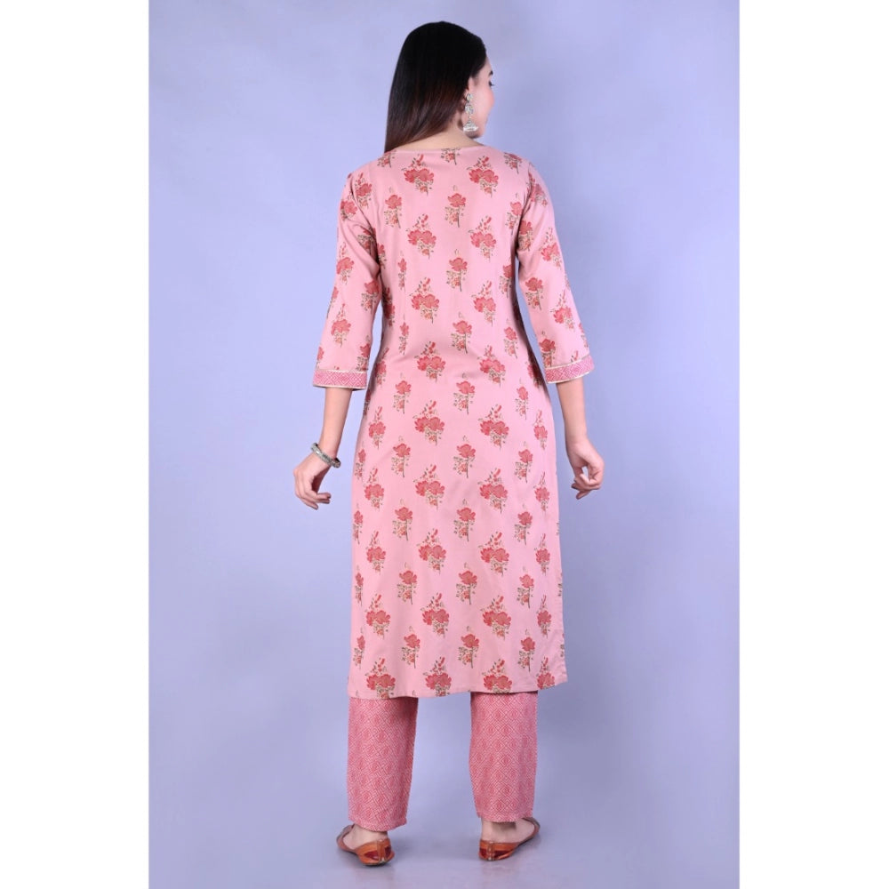 Women's Casual 3/4 Sleeve Printed Rayon Kurti With Pant Set (Pink)