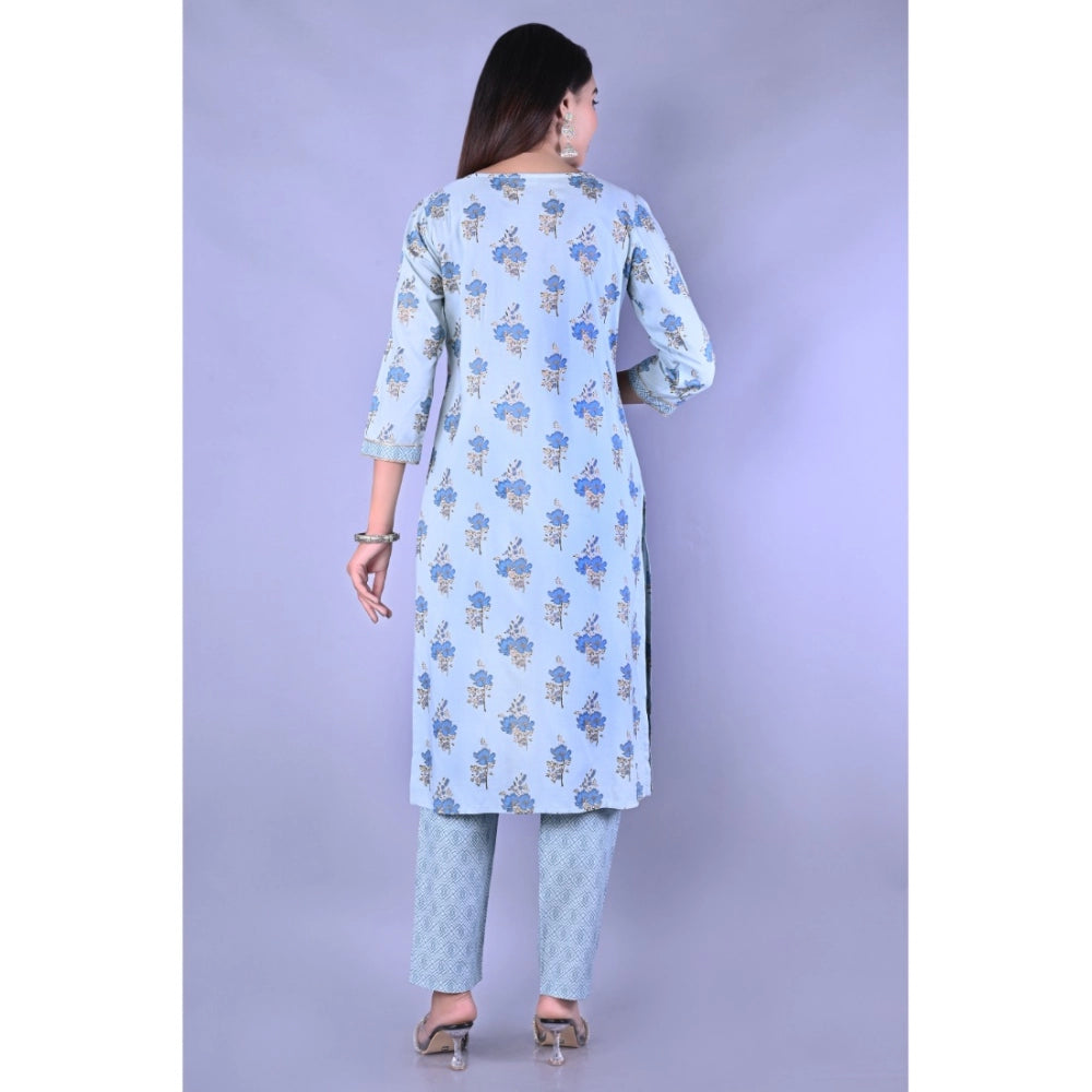 Women's Casual 3/4 Sleeve Printed Rayon Kurti With Pant Set (Blue)