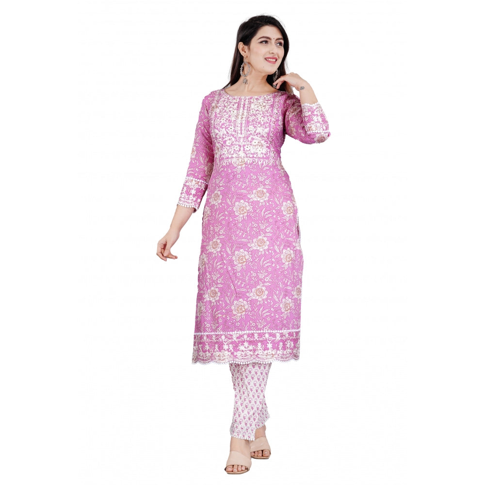 Women's Casual 3/4 Sleeve Embroidered Rayon Kurti With Pant And Dupatta Set (Purple)