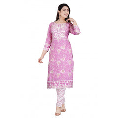 Women's Casual 3/4 Sleeve Embroidered Rayon Kurti With Pant And Dupatta Set (Purple)