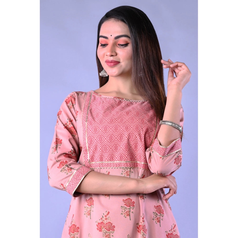 Women's Casual 3/4 Sleeve Printed Rayon Kurti With Pant Set (Pink)