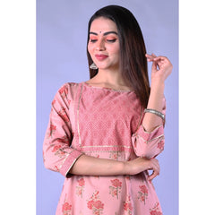 Women's Casual 3/4 Sleeve Printed Rayon Kurti With Pant Set (Pink)