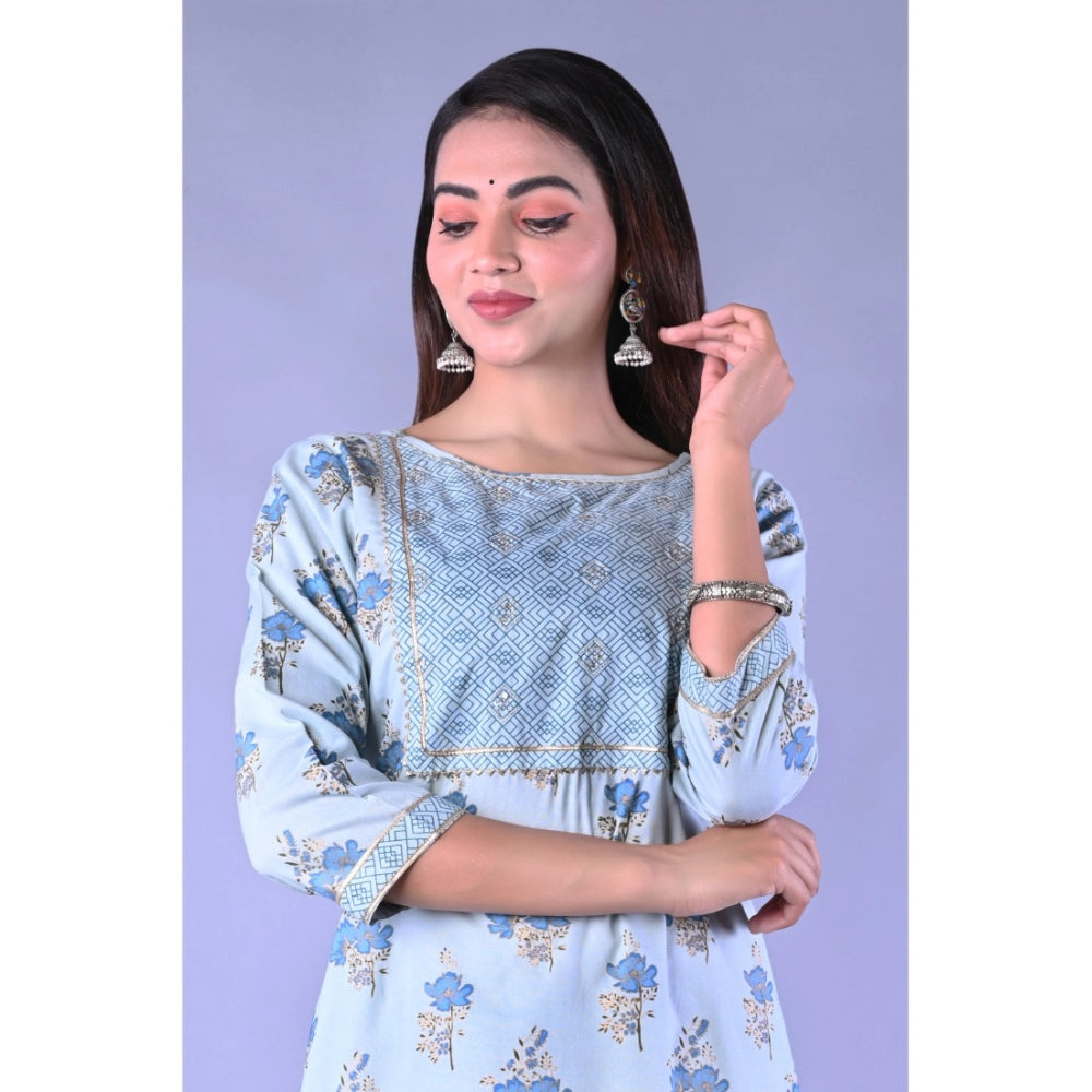 Women's Casual 3/4 Sleeve Printed Rayon Kurti With Pant Set (Blue)