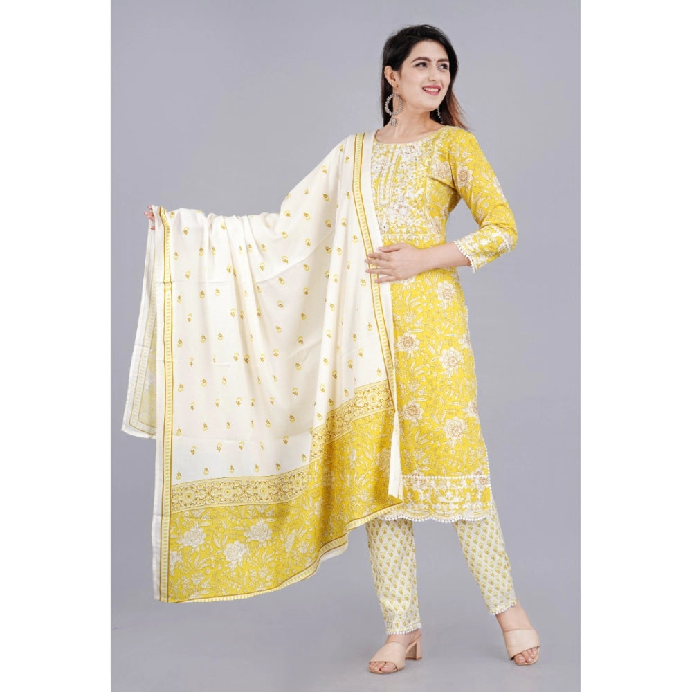 Women's Casual 3/4 Sleeve Embroidered Rayon Kurti With Pant And Dupatta Set (Yellow)