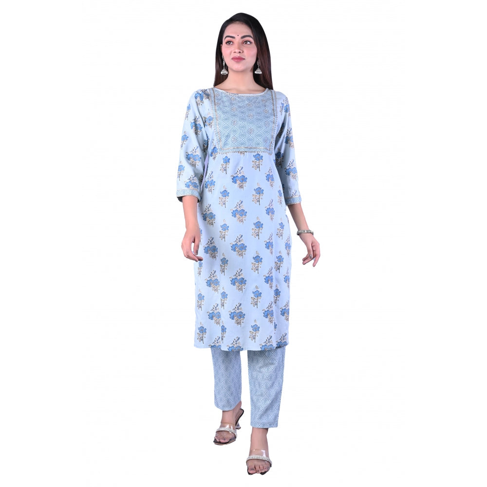 Women's Casual 3/4 Sleeve Printed Rayon Kurti With Pant Set (Blue)