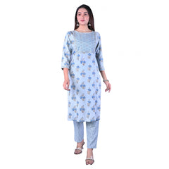 Women's Casual 3/4 Sleeve Printed Rayon Kurti With Pant Set (Blue)