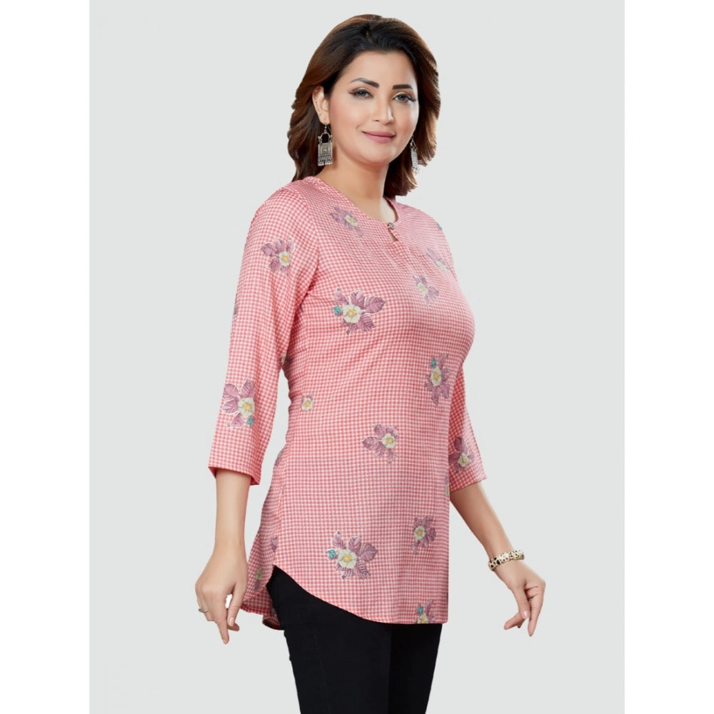 Casual 3/4 Sleeves Printed Rayon Short Top (Pink)