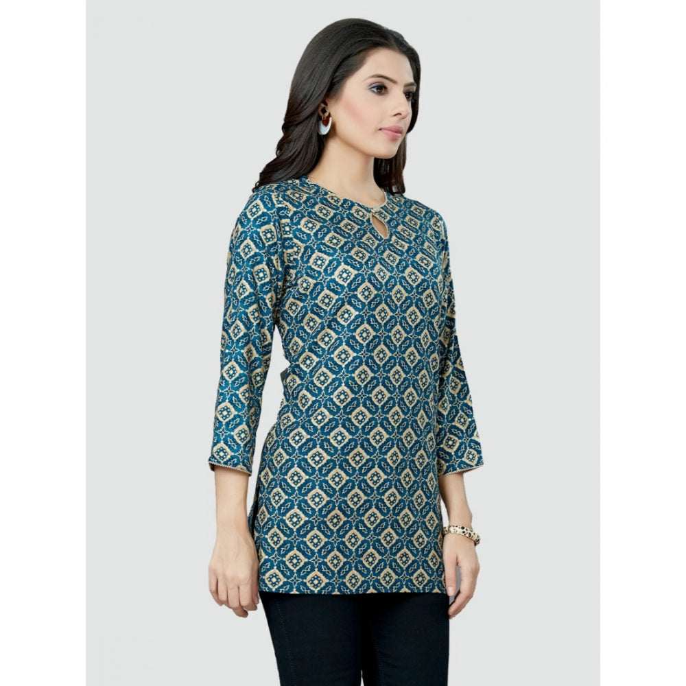 Casual 3/4 Sleeves Printed Rayon Short Top (Blue)