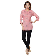 Casual 3/4 Sleeves Printed Rayon Short Top (Pink)