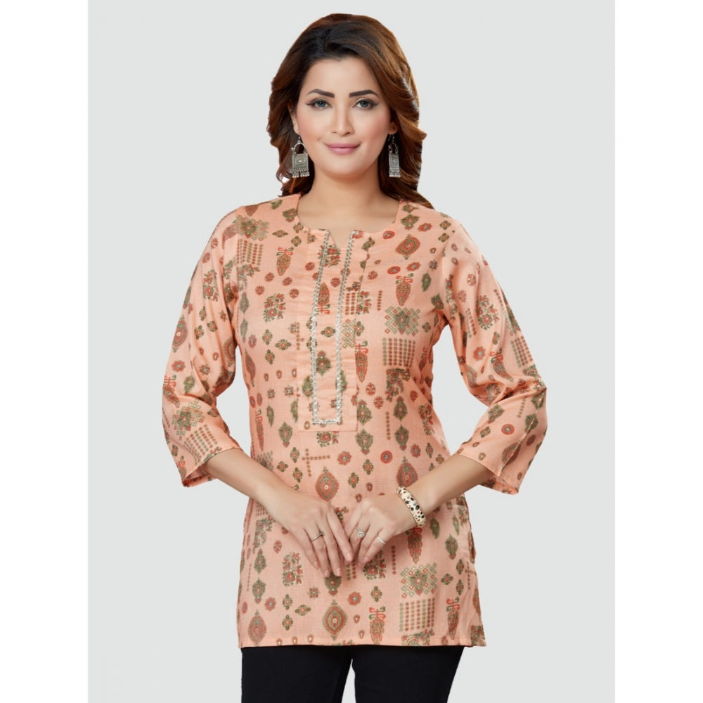 Casual 3/4 Sleeves Printed Rayon Short Top (Peach)