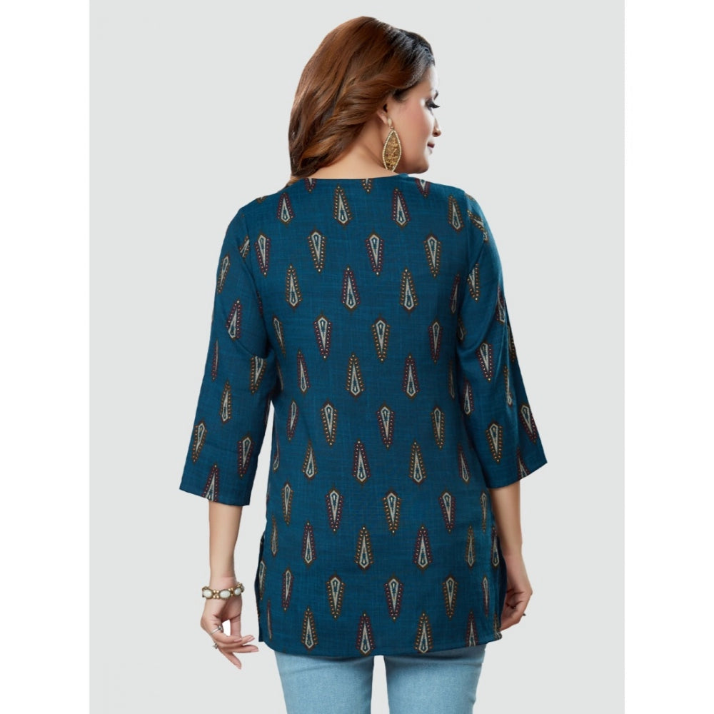 Casual 3/4 Sleeves Printed Rayon Short Top (Blue)