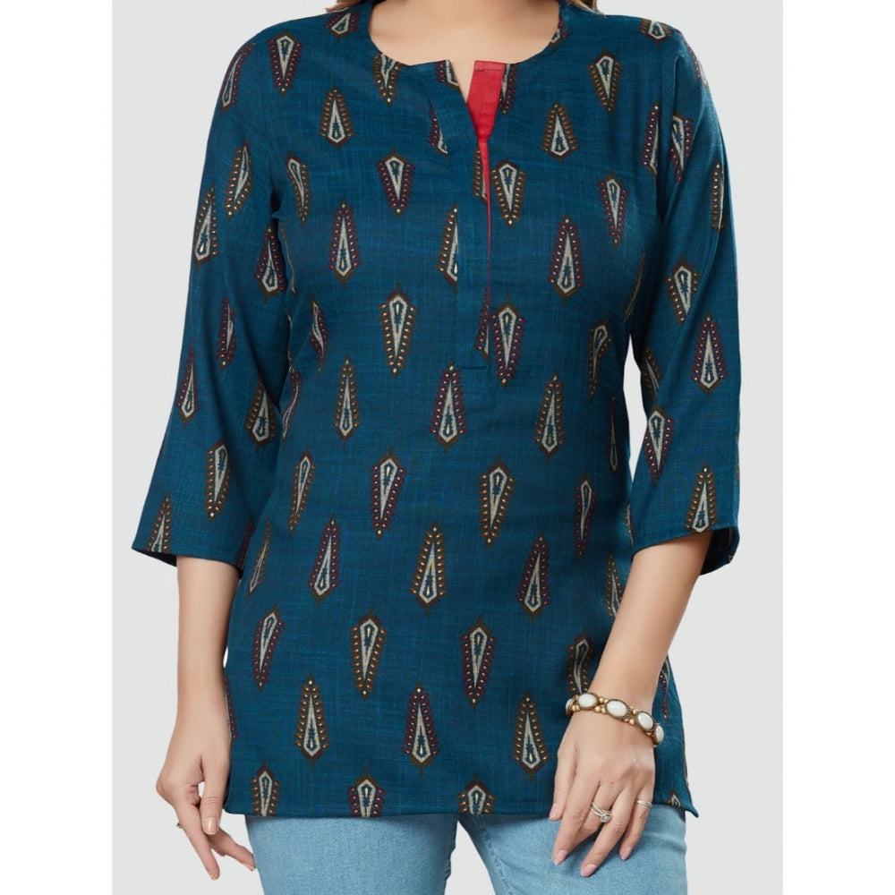 Casual 3/4 Sleeves Printed Rayon Short Top (Blue)