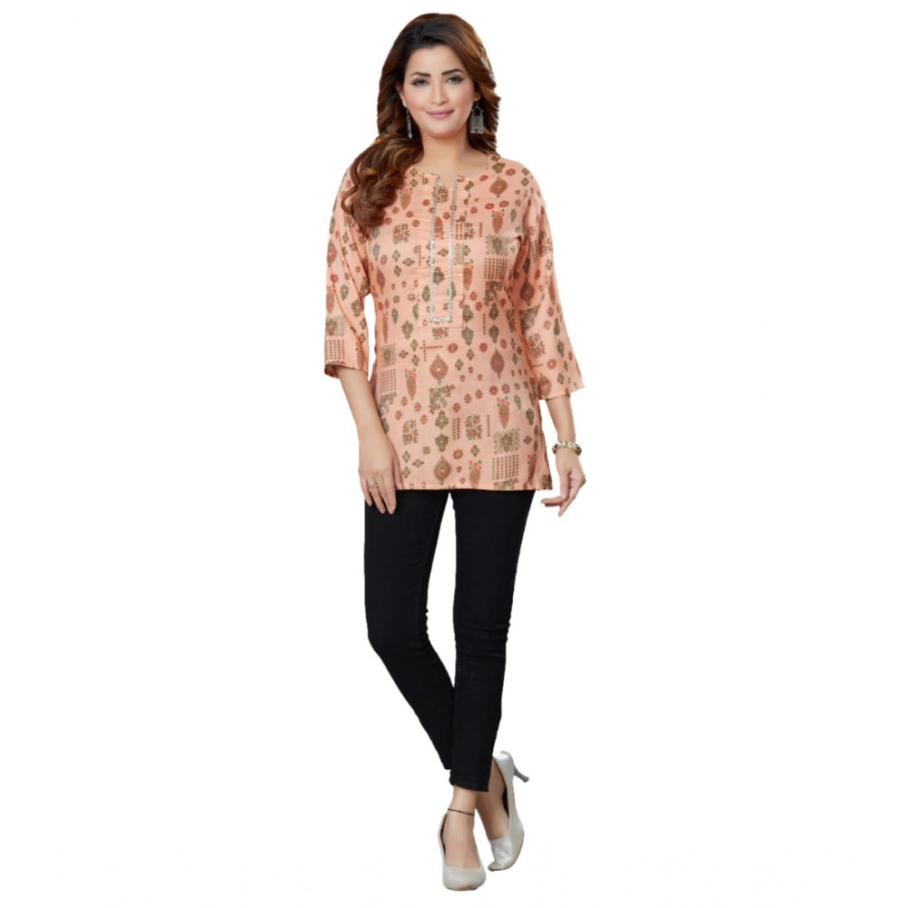 Casual 3/4 Sleeves Printed Rayon Short Top (Peach)