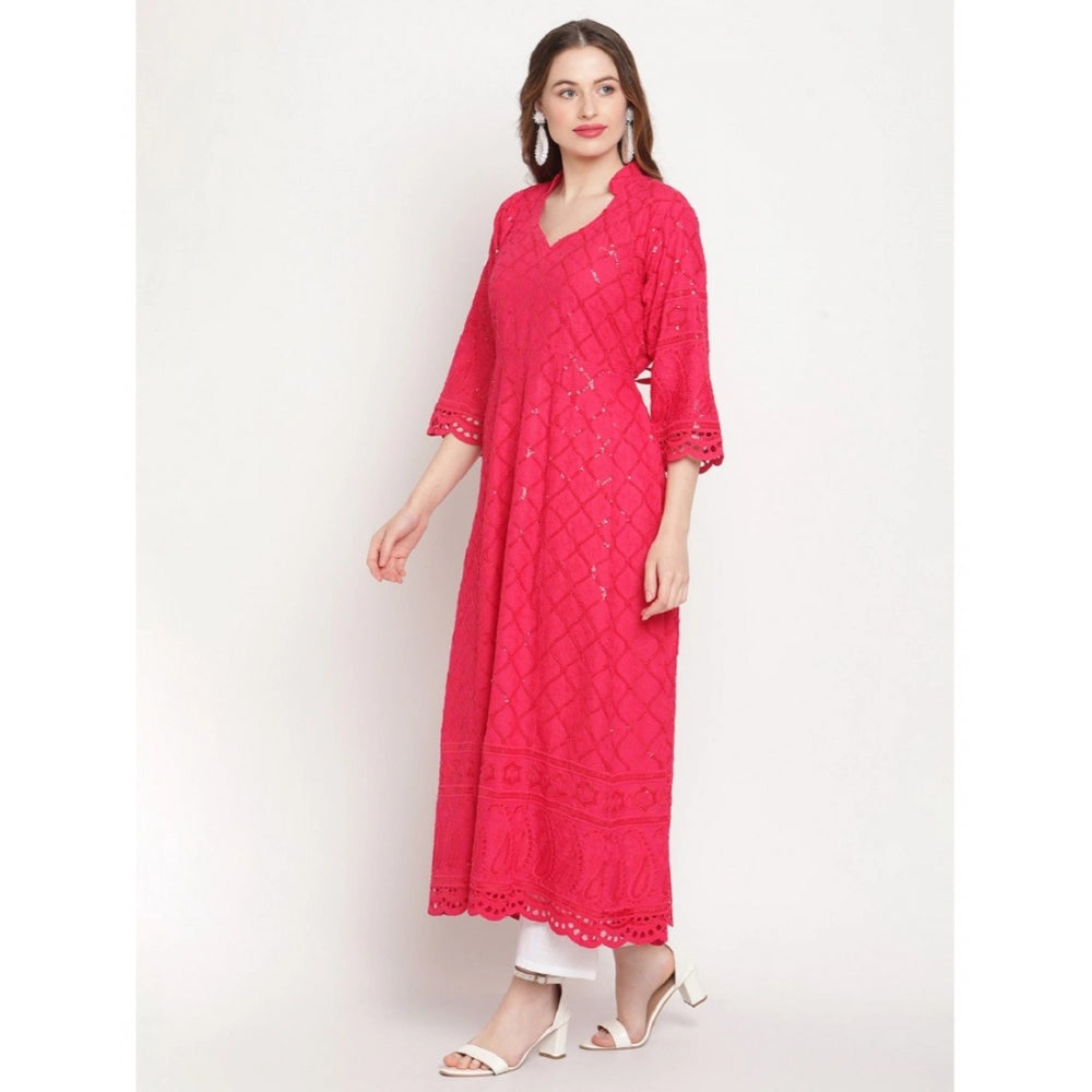 Women's Casual 3/4th Sleeve Embroidered Cotton Kurti (Magenta)