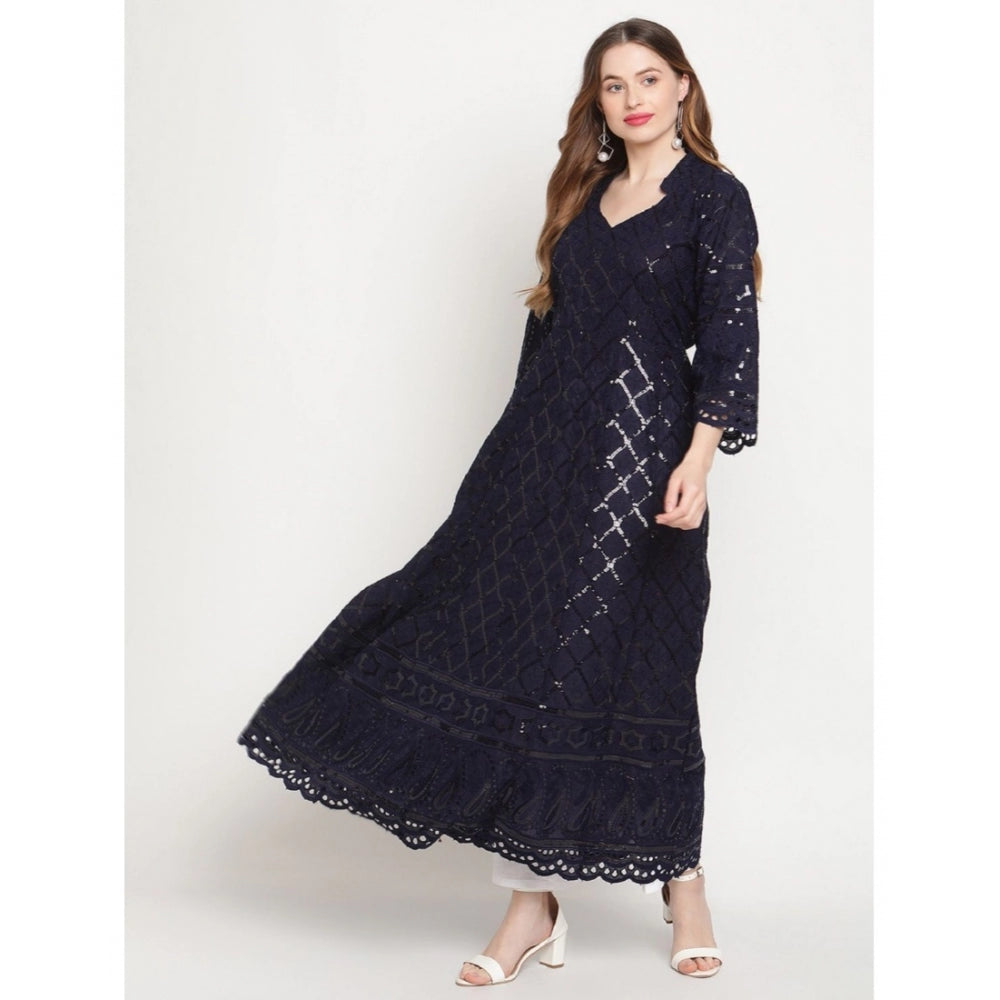 Women's Casual 3/4th Sleeve Embroidered Cotton Kurti (Navy Blue)