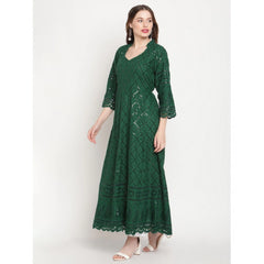 Women's Casual 3/4th Sleeve Embroidered Cotton Kurti (Dark Green)