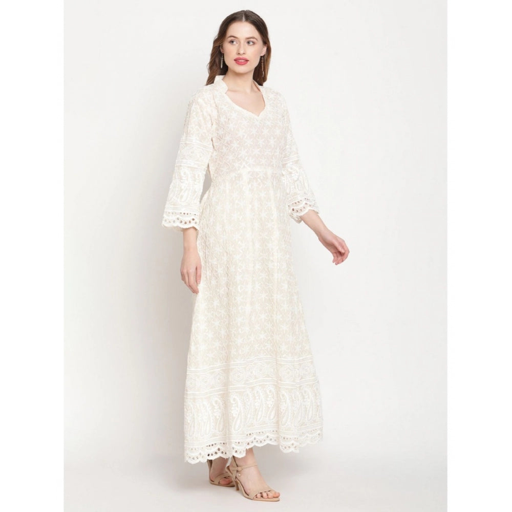 Women's Casual 3/4th Sleeve Embroidered Cotton Kurti (White)