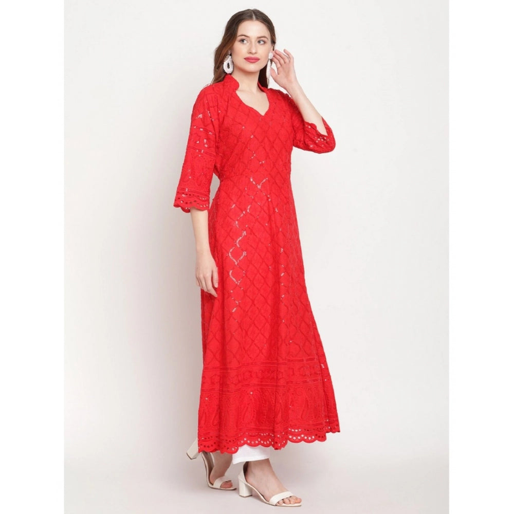 Women's Casual 3/4th Sleeve Embroidered Cotton Kurti (Red)