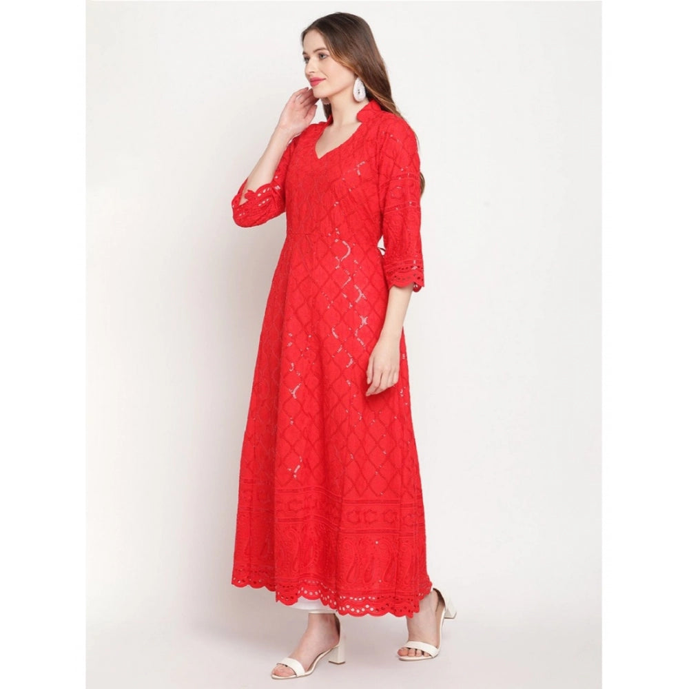 Women's Casual 3/4th Sleeve Embroidered Cotton Kurti (Red)