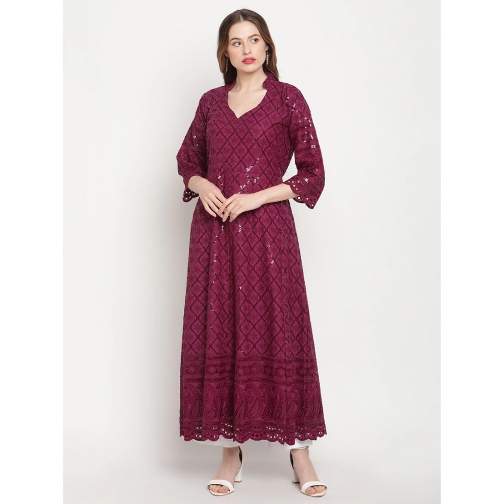 Women's Casual 3/4th Sleeve Embroidered Cotton Kurti (Purple)