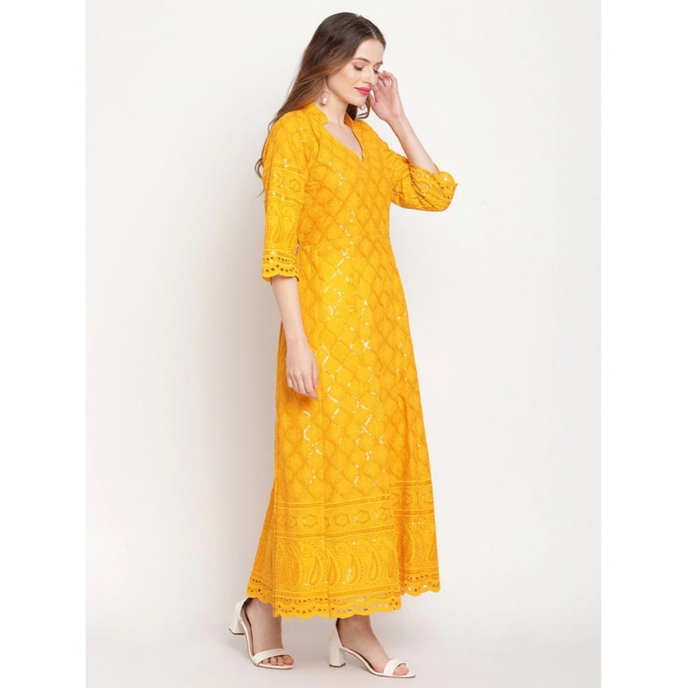 Women's Casual 3/4th Sleeve Embroidered Cotton Kurti (Mustard)