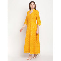 Women's Casual 3/4th Sleeve Embroidered Cotton Kurti (Mustard)