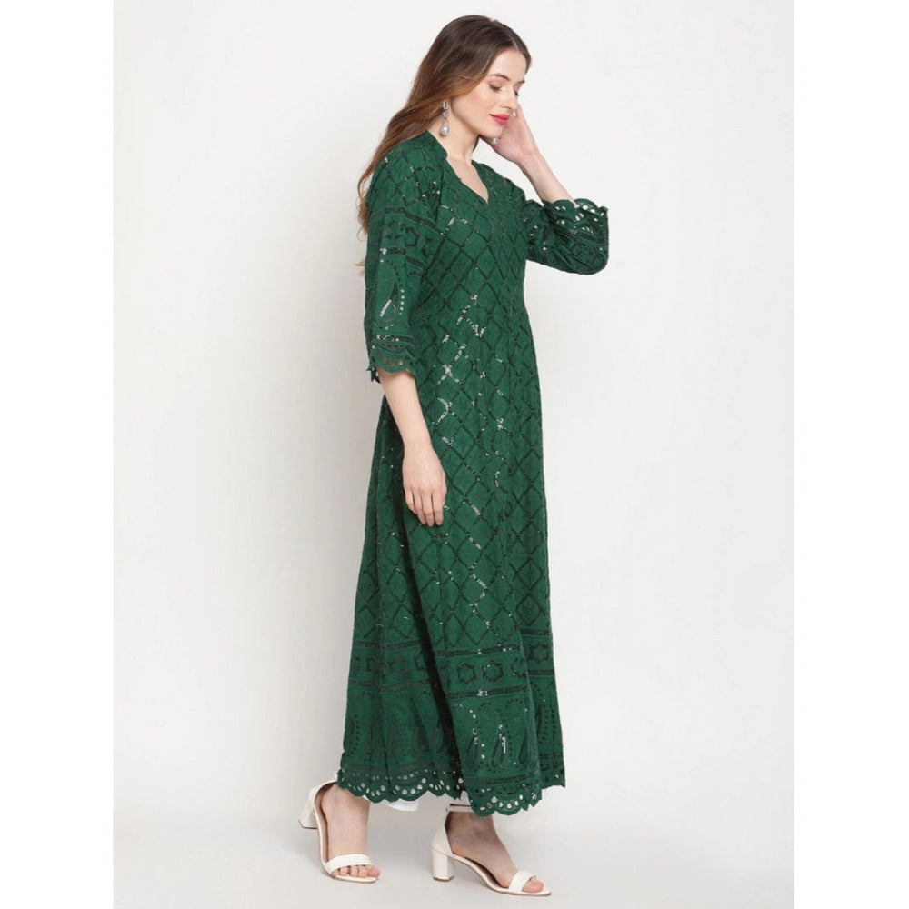 Women's Casual 3/4th Sleeve Embroidered Cotton Kurti (Dark Green)