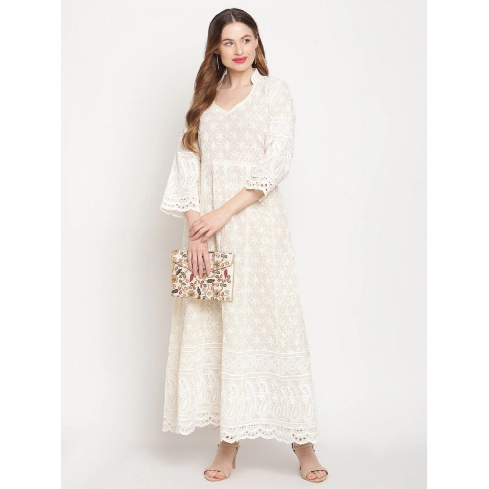 Women's Casual 3/4th Sleeve Embroidered Cotton Kurti (White)