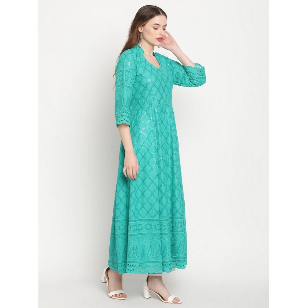 Women's Casual 3/4th Sleeve Embroidered Cotton Kurti (Blue)