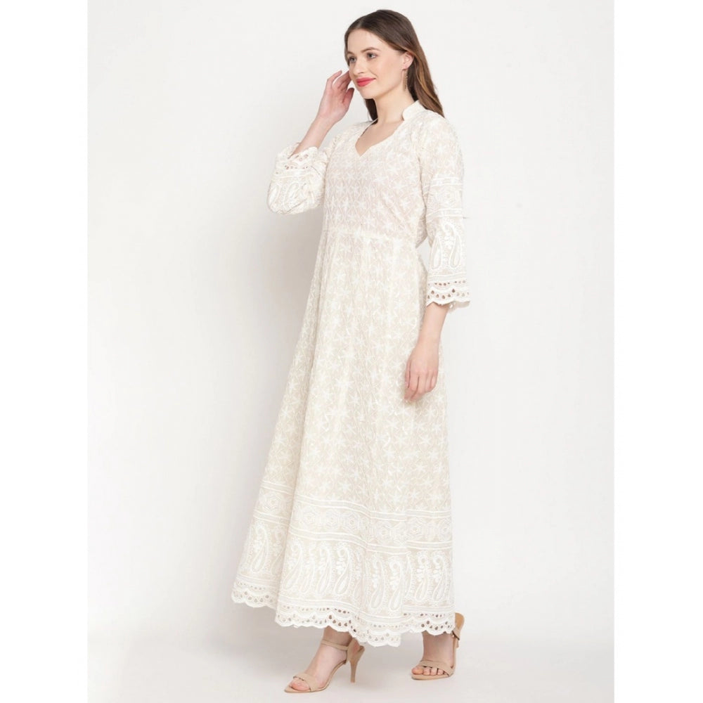 Women's Casual 3/4th Sleeve Embroidered Cotton Kurti (White)