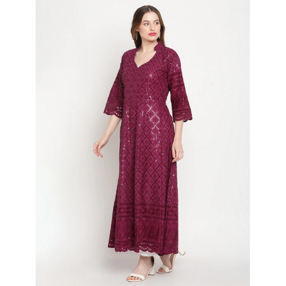 Women's Casual 3/4th Sleeve Embroidered Cotton Kurti (Purple)